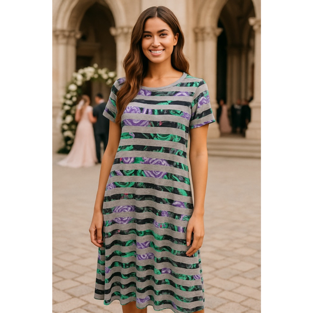 LuLaRoe Stripe Floral Midi Dress Gray Short Sleeve Stretch Lounge Bold Boho Art‎